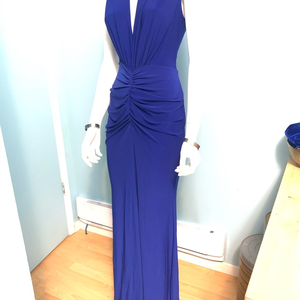 Royal Blue Ruched Maxi Gown with Plunge Neckline and Slit